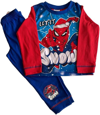 Boys Spiderman Christmas Festive Pyjamas Nightwear Pyjama Set Blue