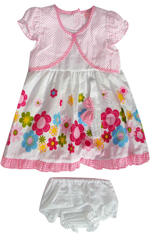 Baby Girls 3 Piece Floral Bow Dress Set Knickers & Bow Headband Age 6-24 M - Character Direct