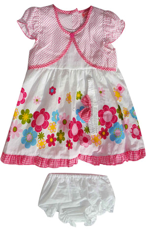 Baby Girls 3 Piece Floral Bow Dress Set Knickers & Bow Headband Age 6-24 M - Character Direct