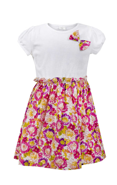 Ex Chain Store Girls Floral Bow Detail Elasticated Waist Dress Age 1 to 8 Years - Character Direct